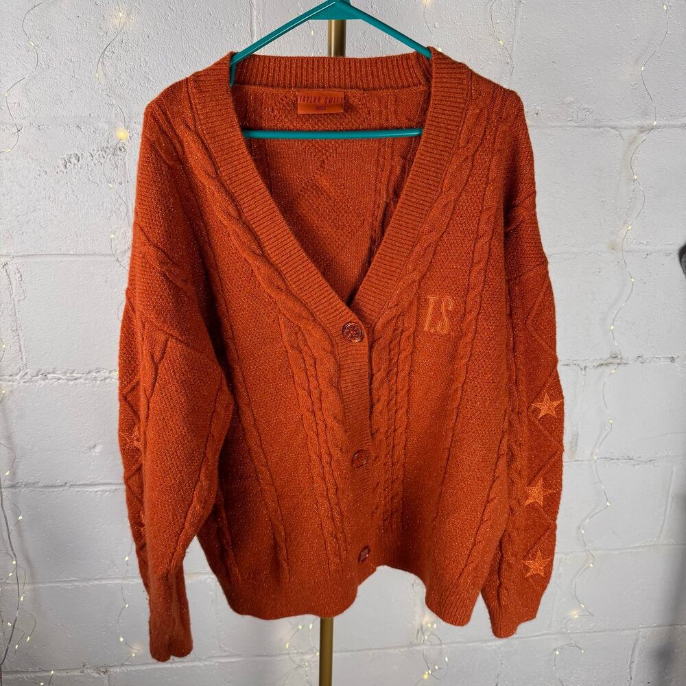 taylor swift women’s MD/LG orange cable knit cardigan TS stars metallic